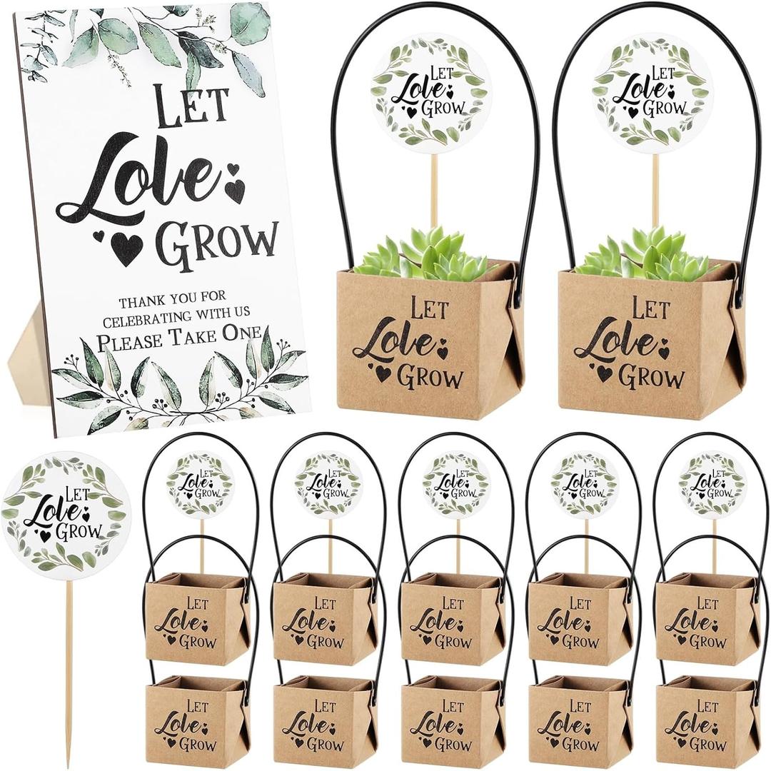 101 Pcs Wedding Favors for Guests Bulk, include 50 Pcs Let Love Grow Kraft Succulent Pots with 50 Pcs Paper Tags & 1 Wooden Table Sign