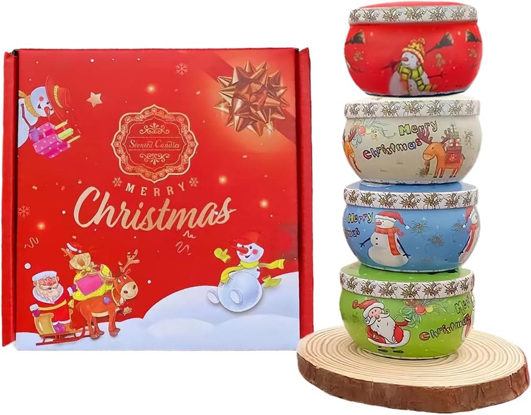 Christmas Scented Candles Gift Set, Holiday Aromatherapy Candles, 4 Decorative Jars in Green, Blue, White with Festive Box, Perfect for Home, Christmas, Thanksgiving (Christmas, 4)
