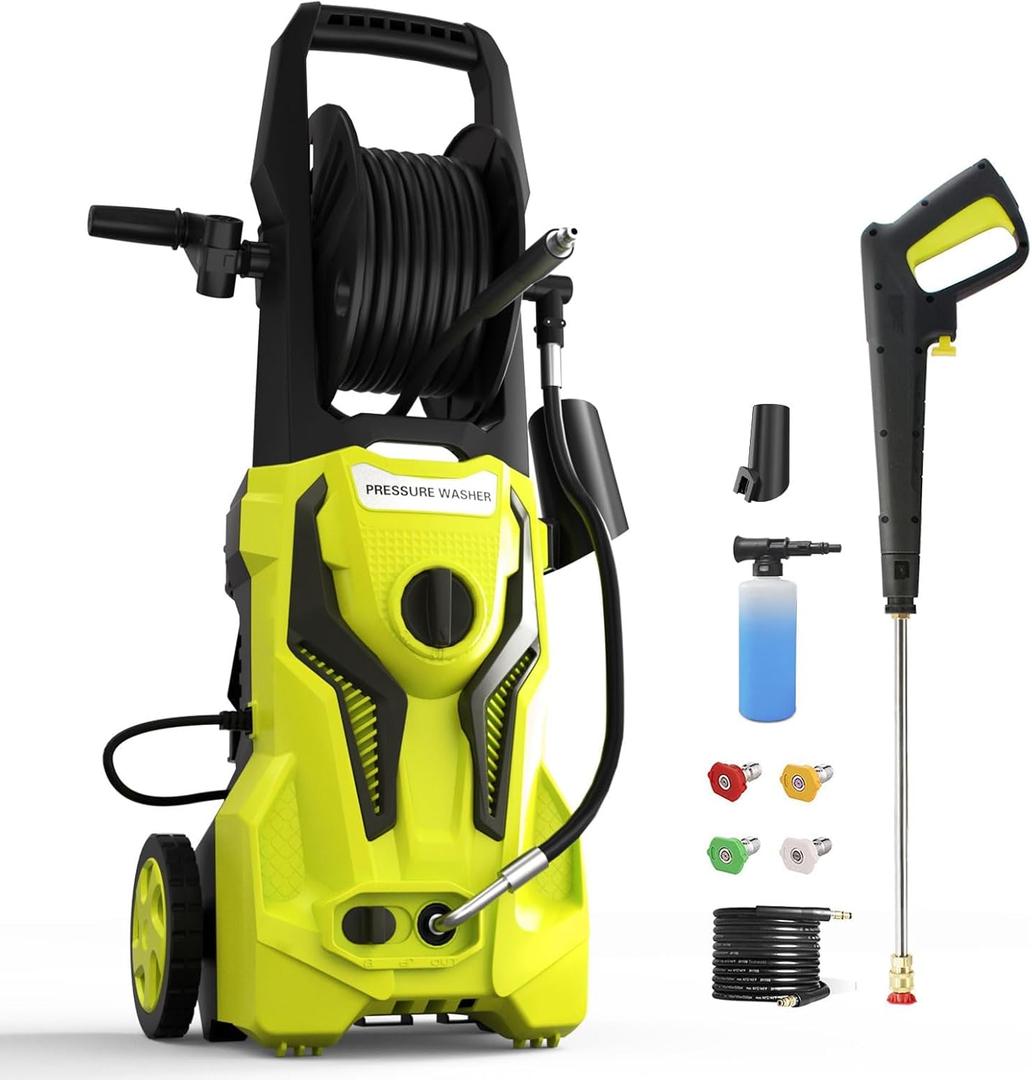 Electric Pressure Washer - 4800PSImax 3.2GPM Power Washer Electric Powered with 25 FT Hose Reel 4 Interchangeable Nozzle & Foam Cannon, for Cars, Patios, and Floor Cleaning, Light Yellow (4800 PSI)