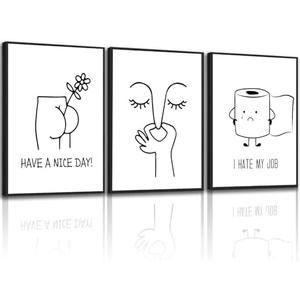 3pcs Funny Bathroom Wall Art Black and White Toilet Posters Prints Humorous Artwork Pictures Bad Smell Toilet Papers Roll Canvas Wall Decor for Minimalist Bathroom Toilet Decor 12×16 Inch Unframed