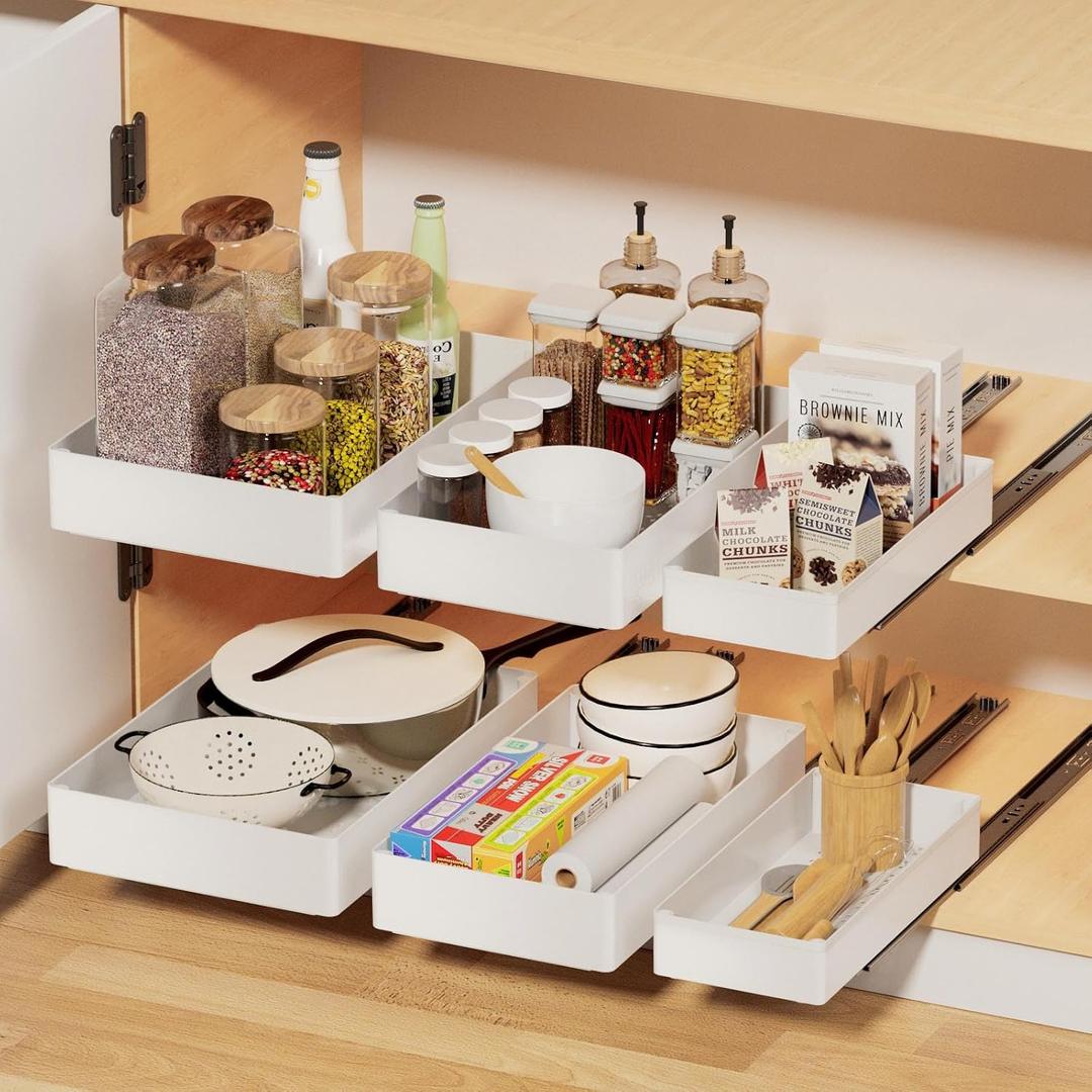 Creahaus 3 Pack Pull Out Drawers for Cabinets with Metal Slides, Easy to Install Cabinet Roll Out Shelves, Smooth Slide Out Drawers for Kitchen Cabinets with Nano Adhesive