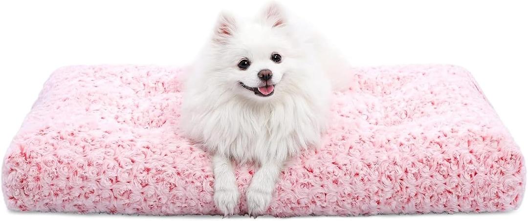 KSIIA Washable Dog Bed Deluxe Plush Dog Crate Beds Comfy Kennel Pad Anti-Slip Pet Sleeping Mat for Large, Jumbo, Medium, Small Dogs Breeds, (23.0"L x 18.0"W x 3.0"Th, Pink)