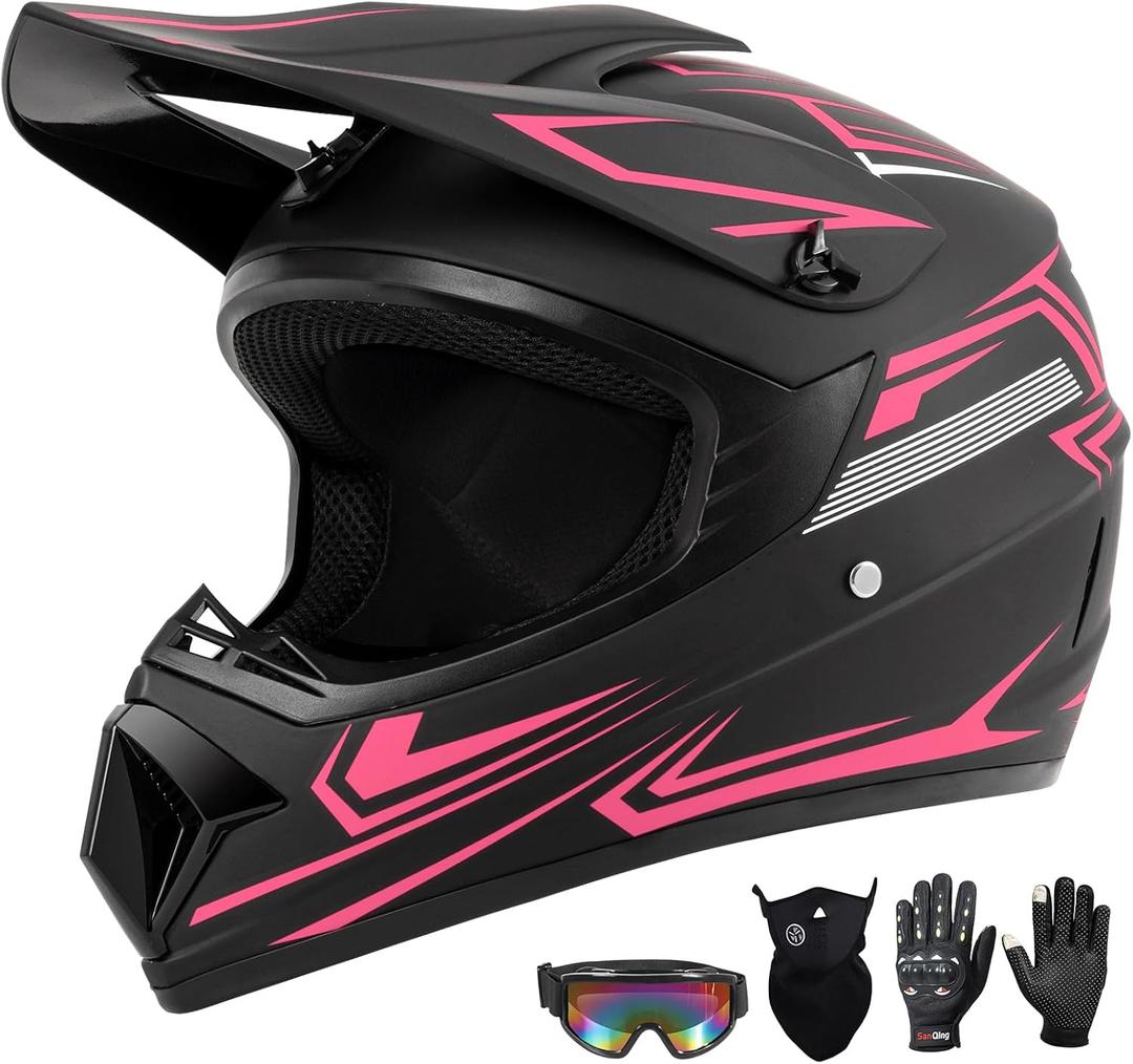 Youth Kids Dirt Bike Motocross Helmet (Goggles Gloves Face Mask) 4PCS Set, DOT Approved Girls Full Face Motorcycle Helmets, ATV BMX MX Mountain Bike Off Road Kid Helmet (Pink, L)