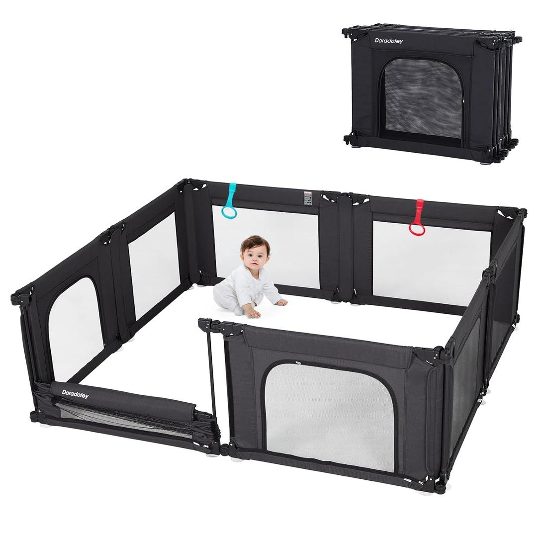 Doradotey Baby Playpen, Shape &Size Adjustable Large Baby Playard for Babies and Toddlers, Foldable Playpen Fence Indoors Play Center Yards, Breathable Mesh Anti-Fall Play Pen 180x200x68cm, Black (79x71x27 in)