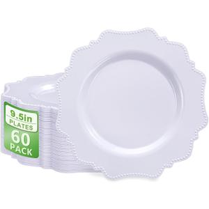 COLOSUS 60pcs White Plastic Party Dinner Plates - 9.5 Inch- Heavy Duty Disposable Plastic Dinner Plates for Party Thanksgiving and Everyday Use
