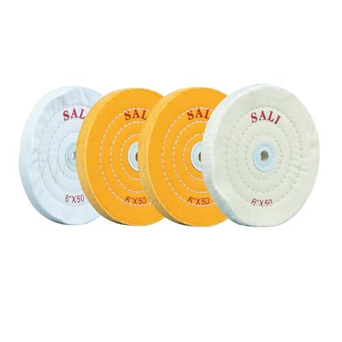 SALI 4 Pack Polishing Wheel for Bench Grinder Buffing Wheel 6 Inch 2 Yellow Cotton 1 White Cotton 1 White Cotton (50 Ply) for Buffer Polisher Pad 1/2'' Arbor Hole
