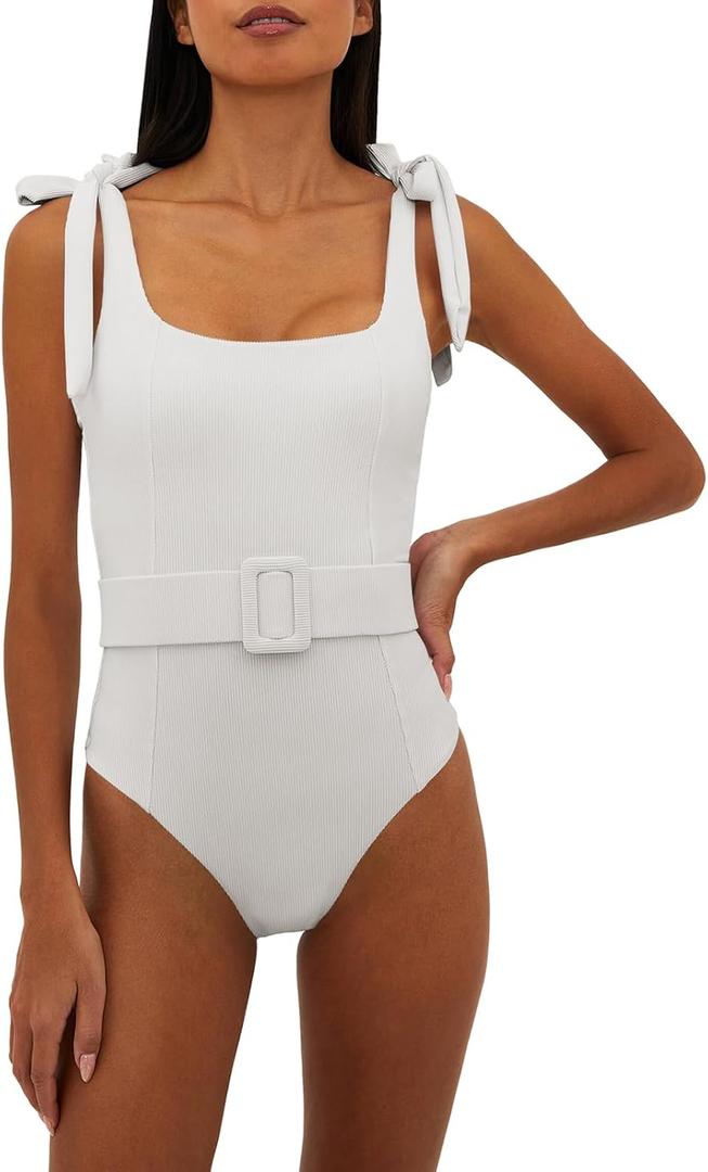 Saodimallsu Womens One Piece Swimsuit Belted (White, M)