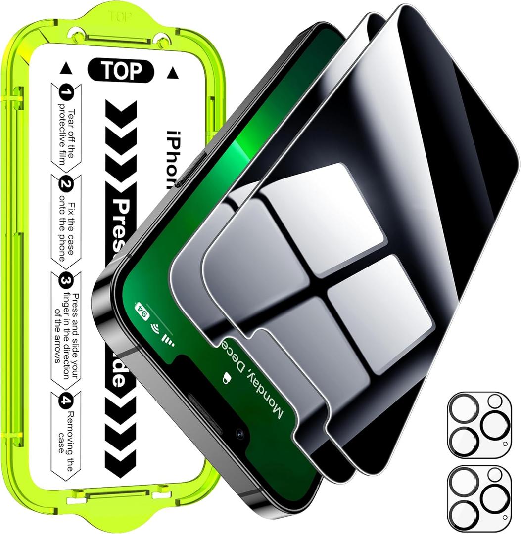 Esanik [2+2 Pack for iPhone 13 Pro 6.1 Privacy Screen Protector  Anti-Spy Tempered Glass & Camera Lens Cover, Military-Grade 9H Hardness, Anti-Scratch, Flawless Fit Tray