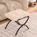 Welnow Folding Foot Stool, Upholstered Small Accent Ottoman with Detachable Thick Cotton Cushion Padded Sofa Stool and Metal Frame for Lazy Chair, Living Room, Bedroom, Plush Beige