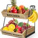 Fruit Basket for Kitchen Countertop, 2 Tier Fruit Bowl with 3 Banana Hangers, Large Capacity Fruit Stand Storage Holder, Wooden Basket for Fruit Vegetables Snack, Kitchen Organizer Decor (Natural)