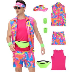 80s Workout Costume for Men - 80s 90s Outfit for Parties and Halloween Cosplay Couples Costume Set (X-Large, Pink)