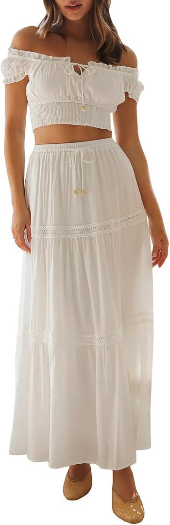 Womens Two Piece Summer Boho Outfit Off Shoulder Crop Top Maternity High Waist Maxi Skirt Beachear