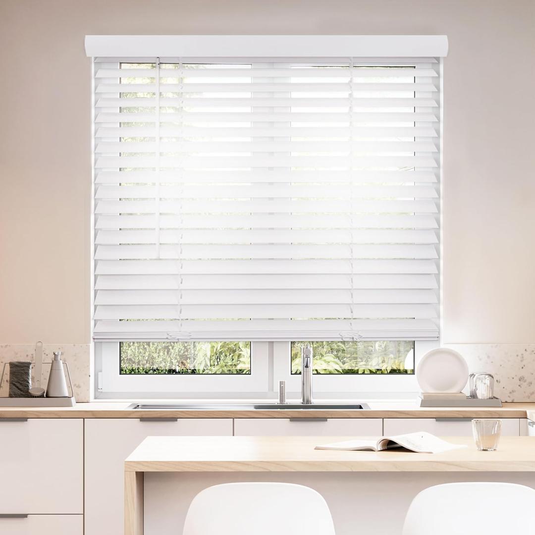 DEZ FURNISHINGS Cordless 2" Smooth Faux Wood Blind, 34.5" W x 48" H, Smooth White