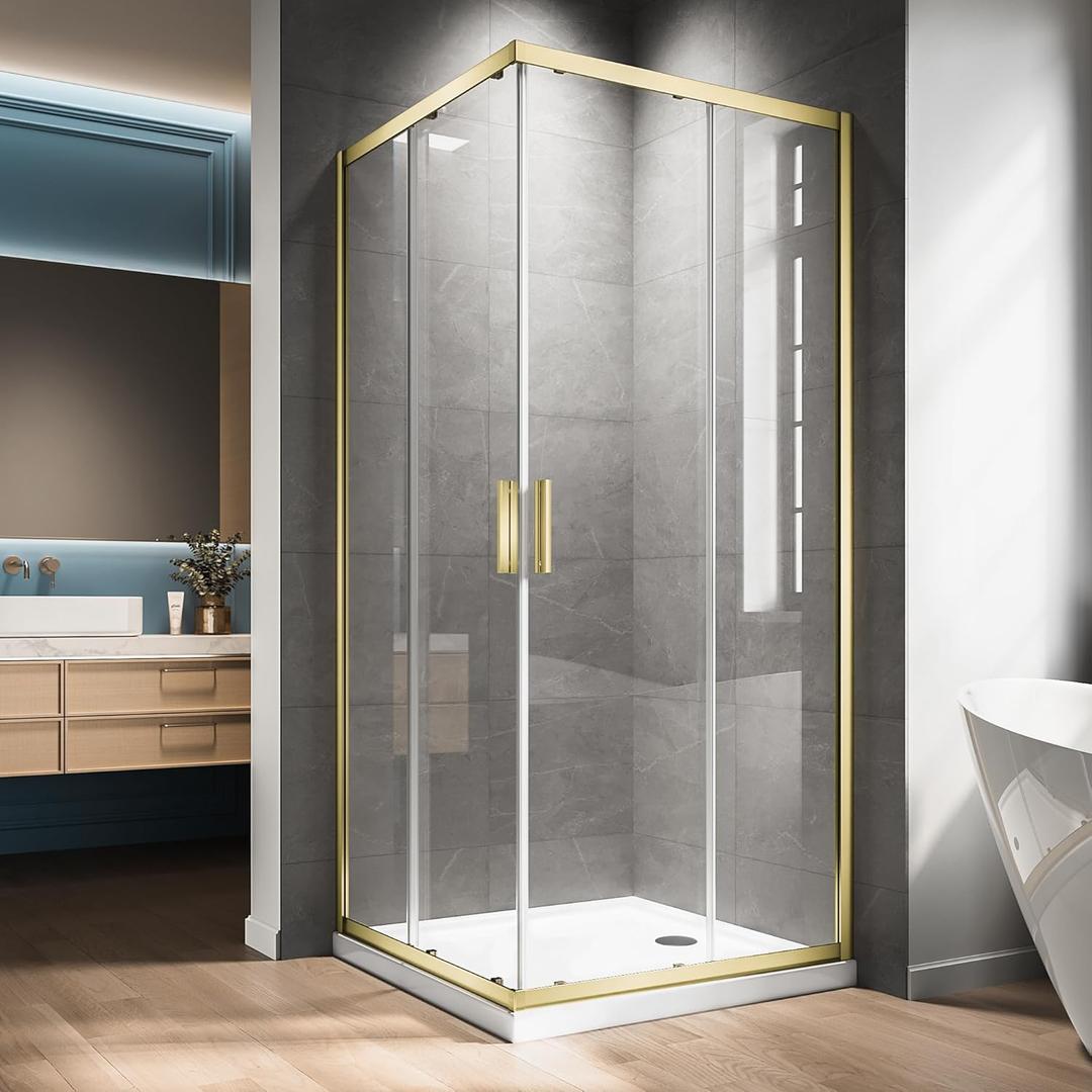 Corner Shower Enclosure 34" L X 34" W X 76" H. Double Corner Sliding Shower Door With 1/4 In Nano-Coated Tempered Glass,Shower Glass Doors In Brushed Gold Hardware Kit for Upgrade Your Bathroom