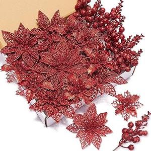 Zhuqing 22Pcs Christmas Poinsettia Artificial Flowers and Glitter Berries Stems Kit, 16Pcs Christmas Tree Flowers Ornaments and 6 Pack Christmas Tree Picks for Wedding Holiday Decorations (Red)