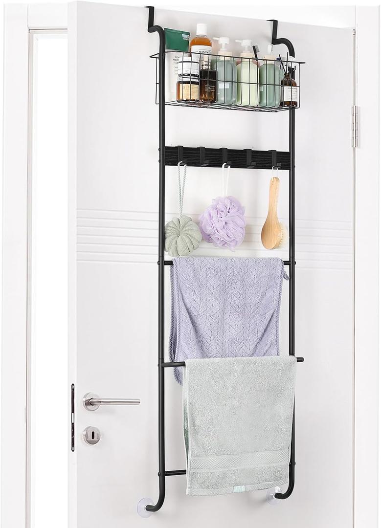 Over The Door Towel Rack 5 Tier Over The Door Towel Bar with Hooks Metal Towel Hanger for Bathroom Towel Holder Over Door with Basket for Bathroom Bedroom (Black)