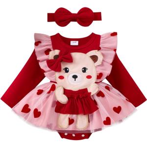 Baby Girl Clothes Fall Winter Newborn Romper Outfits Infant Cute Cartoon Long Sleeve Dress Headband 0-18 Months (9-12 Months, Red)