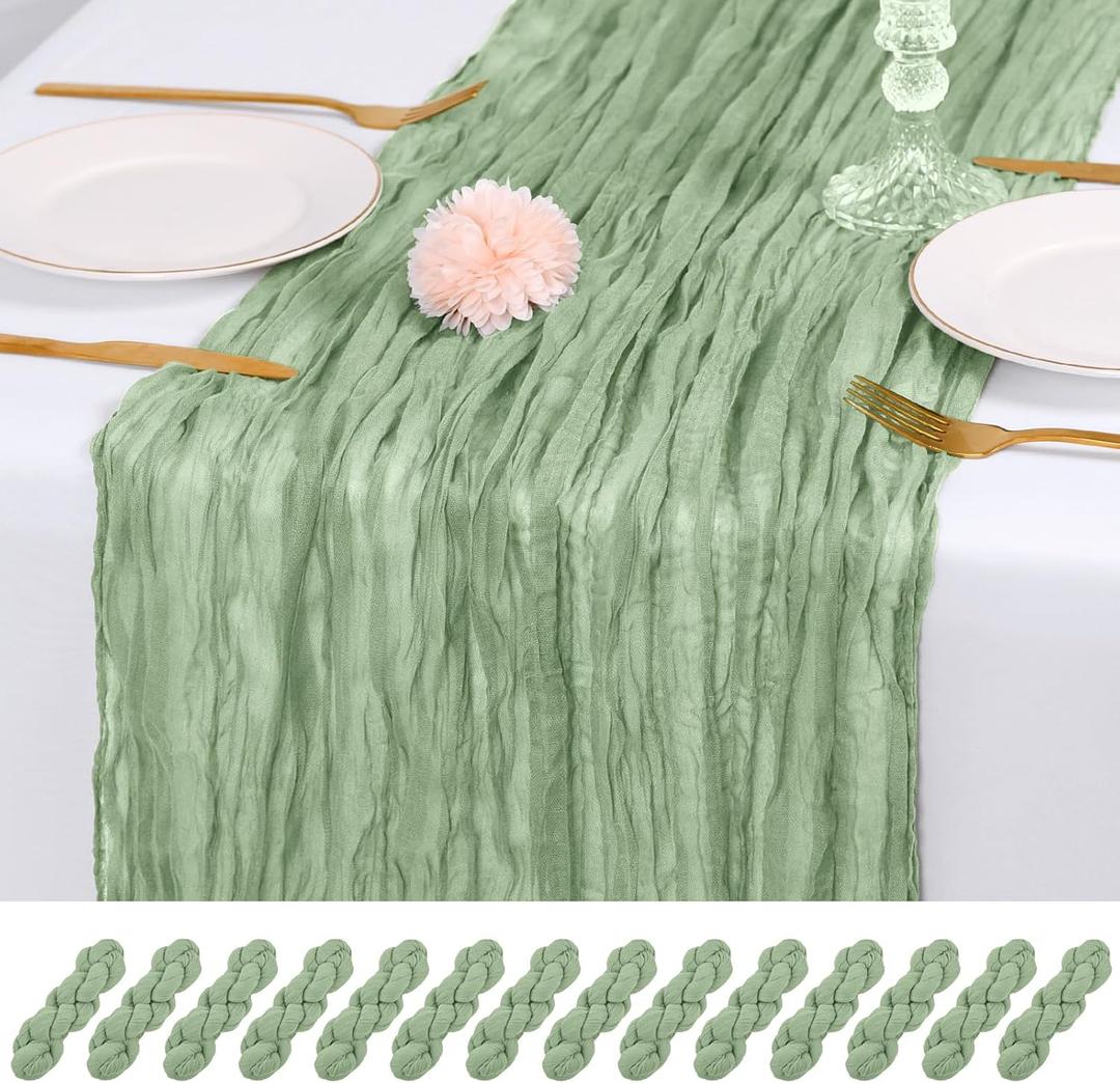14 Pack Sage Green Cheesecloth Table Runner 17x108 Inch Semi Sheer Boho Gauze Cheese Cloth Fabric Table Runners, for Wedding Party Baby Shower Birthday Home Decor Garden Farmhouse