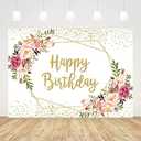 ABLIN 7x5ft Happy Birthday Backdrop for Women Wreath Background Party Decorations for Girl Gold Ring Colorful Flowers Photo Booth Props Cake Table Decor Vinyl