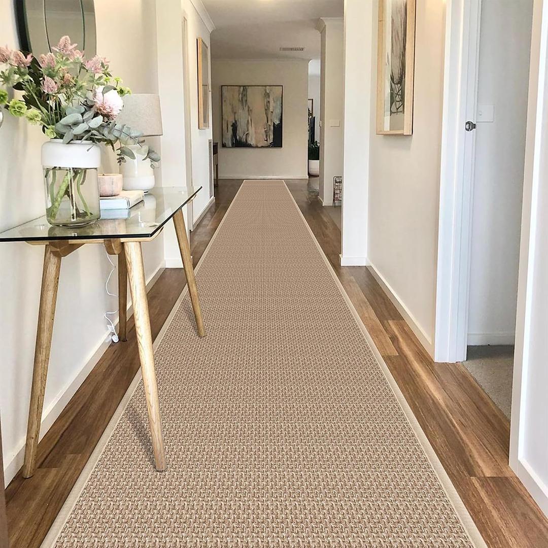 20ft Natural Jute Hallway Runner Rug Non Skid Washable, Rubber Backed Long Khaki Indoor Entryway Runner, Absorbent Kitchen Carpet Sink Rug