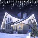 USOKYO Icicle Christmas Lights, 62FT LED Icicle String Lights with 144 Drops, Outdoor/Indoor Use, 8 Modes, Cool White