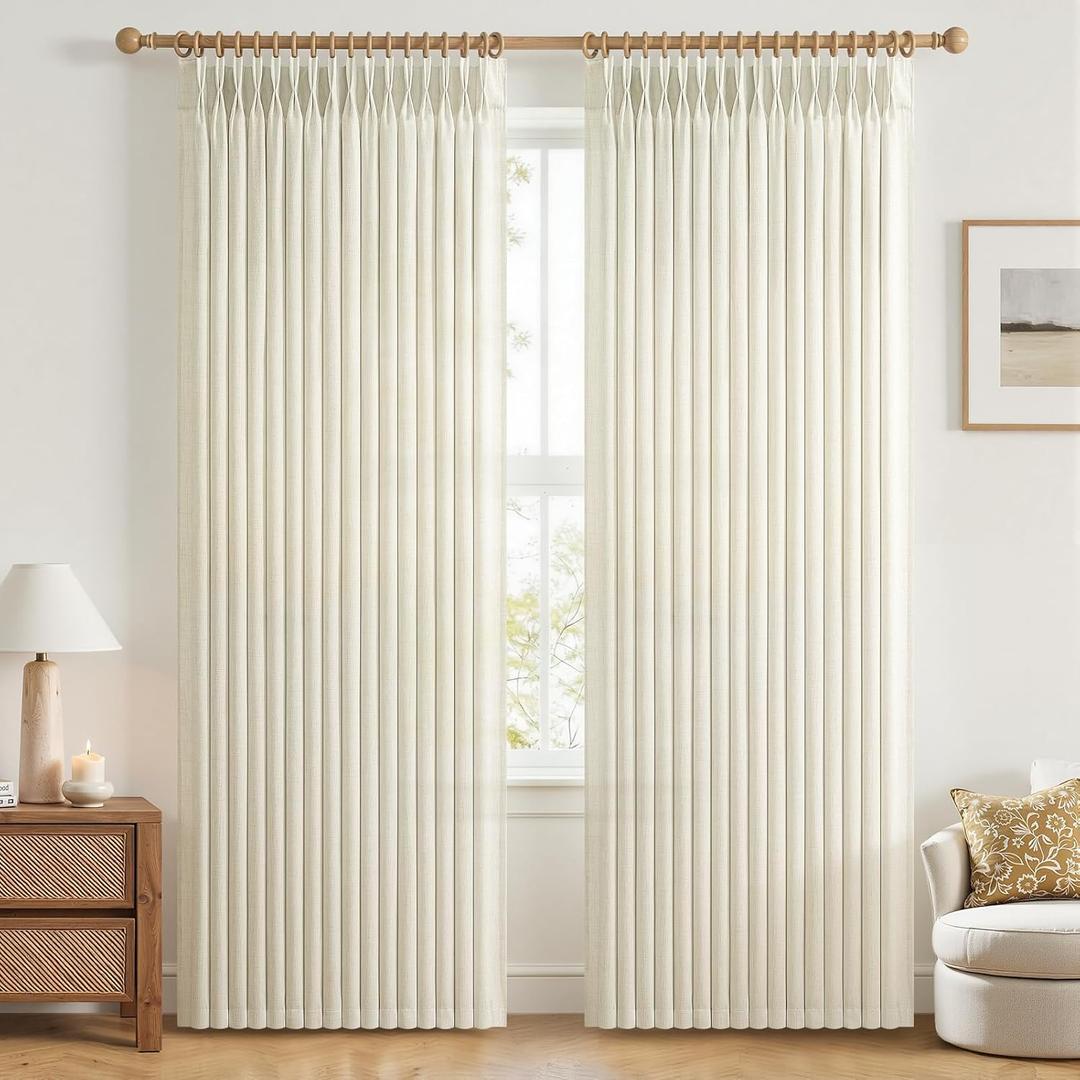 Cream Linen Semi Sheer Curtains 84 Inches Long for Sliding Glass Doors, Memory Shape Pinch Pleated Farmhouse Light Filtering 7FT Length Window Curtain Privacy Drapes with Back Tab (50"Wx84"Lx2 Panels)