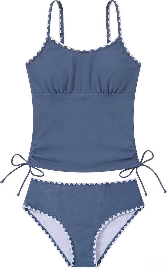 Funnycokid Teen Girls Swimsuit Padded Bathing Suit 2 Piece Tankini Contrast Trim Ruched Design Swimwear 9-16Y (15-16 Years, Navy Blue)