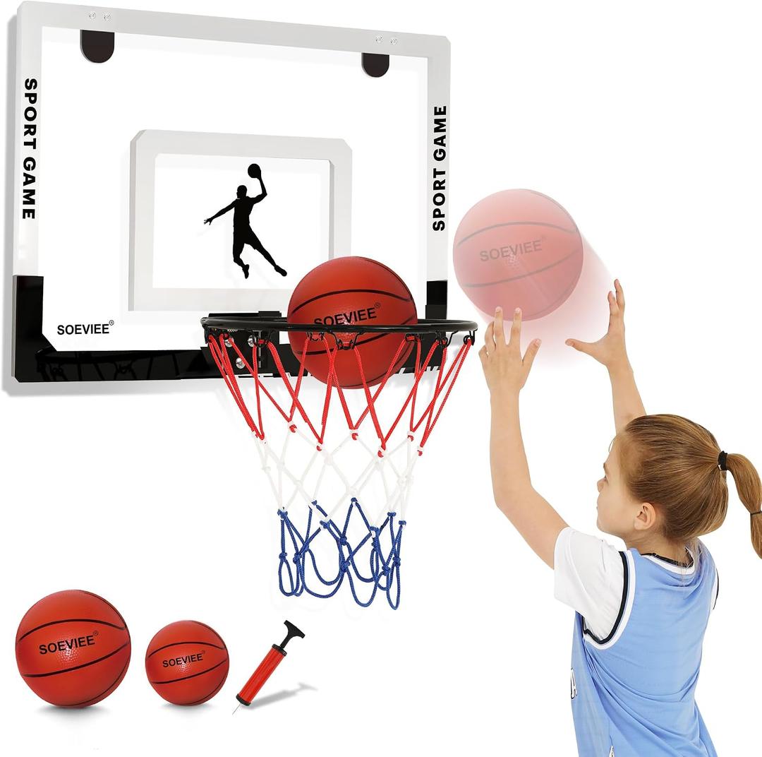 Large Basketball Hoop Indoor for Kids & Adults - 23x16 Inch Board with Over Door/Wall Mount | Includes 3 Balls & 2 Nets | All-Ages for Christmas Birthday
