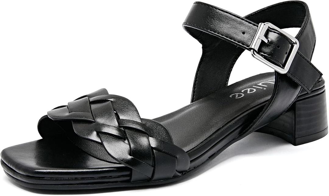 Women's Heels Chunky Heeled Sandals for Women, Summer Block Low Heels Ankle Strappy Square Open Toe Dressy Wedding Womens Sandals. (9.5, Black 087)