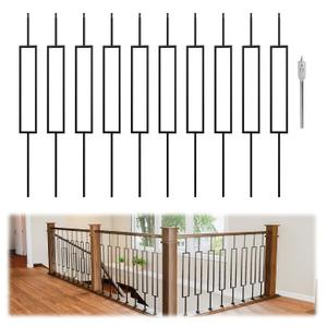 Muzata 10Pack 44'' Wrought Iron Baluster Hollow Single Rectangle Metal Stair Spindles for 1/2" Square Metal Staircase Iron Balusters for Staircase Interior Decorative Stair Deck Railing WT29