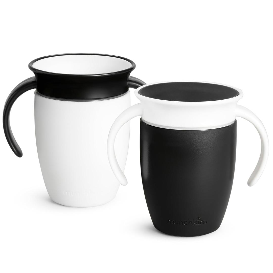 Munchkin Sippy Cup for 6 Month Old and Up, Spill Proof Miracle 360 Toddler Cups with Transition Handles, 7 Ounce, 2 Pack, Black/White
