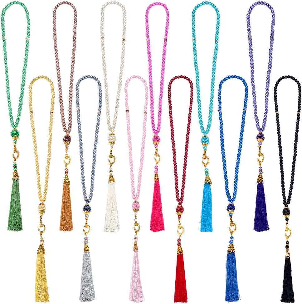 PH PandaHall 12pcs Ramadan Tasbih Prayer 99 Beads Islam Prayer Tasbih 6mm Rosary Muslim Misbaha Tasbeeh Bracelet with Tassel Beaded Glass Pearl Bracelet Gifts for Easter Women Men, 12 Colors
