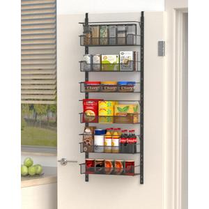 Over the Door Pantry Organizer, 6-Tier Over the Door Organizer with Adjustable Basket, Pantry Door Organization for Pantry Kitchen Storage Room Spice Rack, Black