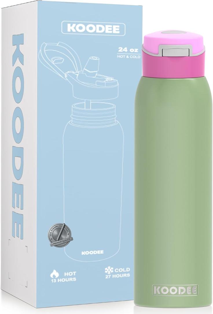 koodee 24oz Free-sip Insulated Stainless Steel Water Bottles with Soft Straw,Quick Flip GO Bounce cup Thermo-flask,Pop & Fill Double-Wall Vacuum Bottle,for Sports & Travel,BPA-Free (Pink Avocado)