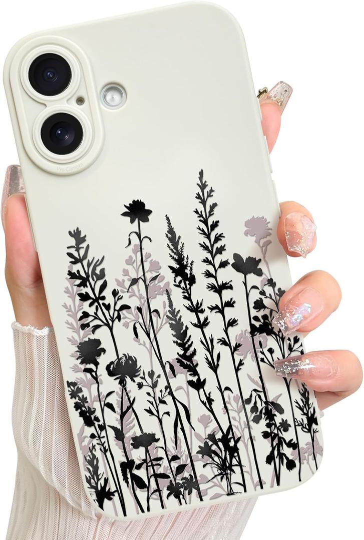 LSL Case for iPhone 16 Plus Black Floral Pattern Print Design Soft TPU Full Camera Lens Anti-Drop Anti-Scratch Shockproof Protective Slim Flower Wihte Cover for Women Girls