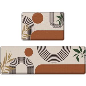 Nesphy Anti-Fatigue Boho Kitchen Rug Set of 2 Cushioned Bohemian Mat for Floor, Abstract Brown Sun Standing Waterproof Non-Slip Mat PVC Ergonomic Foam Kitchen Decor