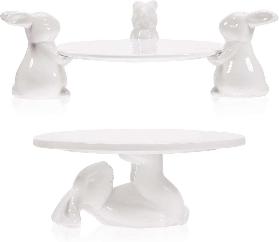 2 Set Bunny Cake Stand Ceramic Cupcake Stand Cute Bunny Cupcake Cake Holder Bunny Cake Plates Bunny Candy Dish Bunny Ceramic Dessert Tray for Party Serving Birthday Gift, White