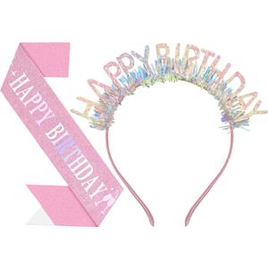 Birthday Headband with Sash for Women, Birthday Crwon Tiara for Decorations