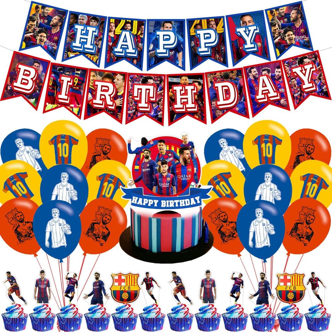 Soccer Party Decorations,Football Club Red And Blue Birthday Party Supplies Includes Banner- Cake Topper - 24 Cupcake Toppers - 18 Balloons