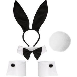 Bunny Costume Set - Rabbit Ears Headband, Bow Tie, Cuff and Tail Accessories Kit (Black)