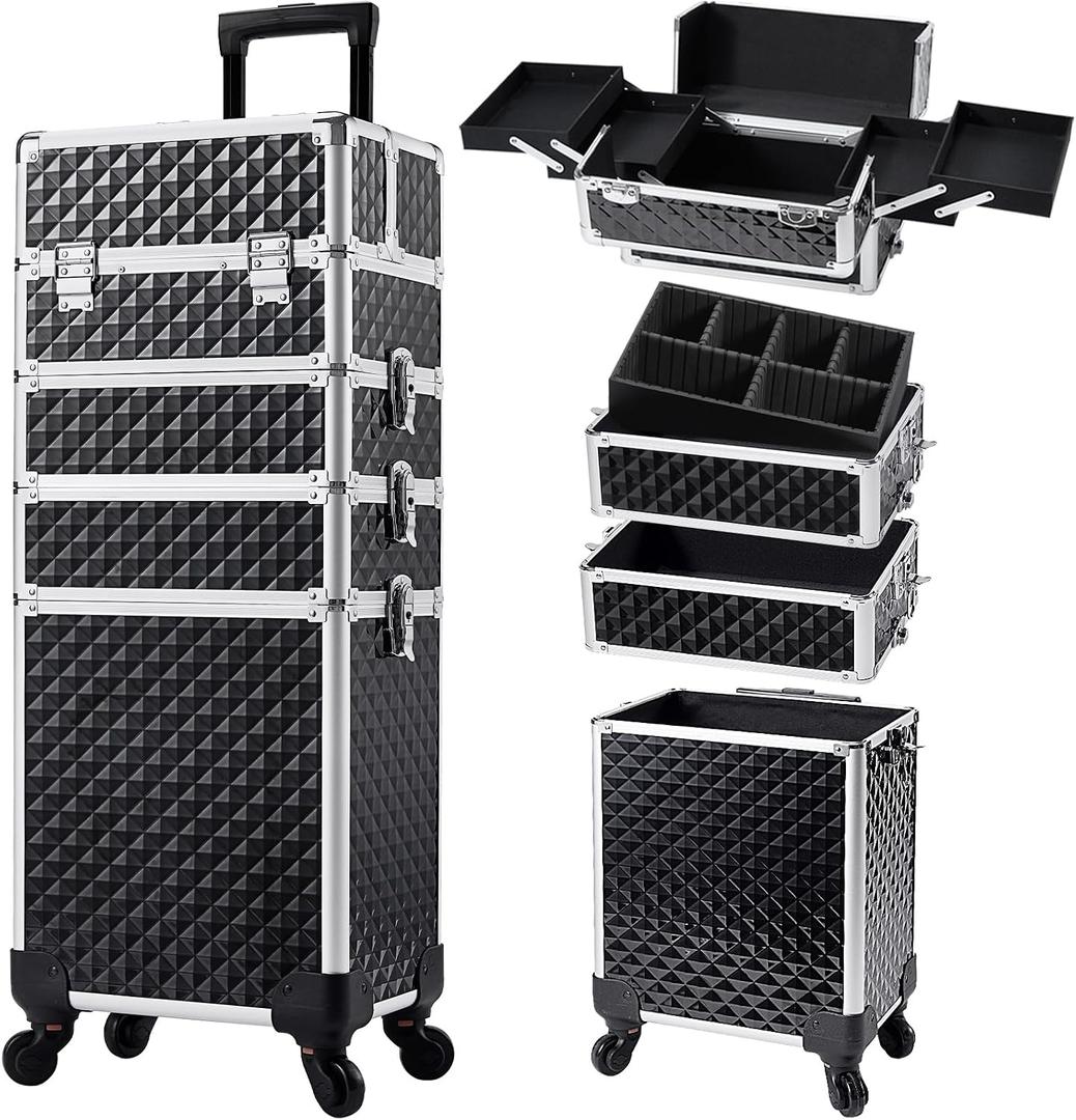 Stagiant Rolling Makeup Case Cosmetology Case on Wheels 4 in 1 Large Cosmetic Organizer Train Case Makeup Travel Case with Key Swivel Wheels Nail Artist Salon Storage Traveling Cart Trunk Black