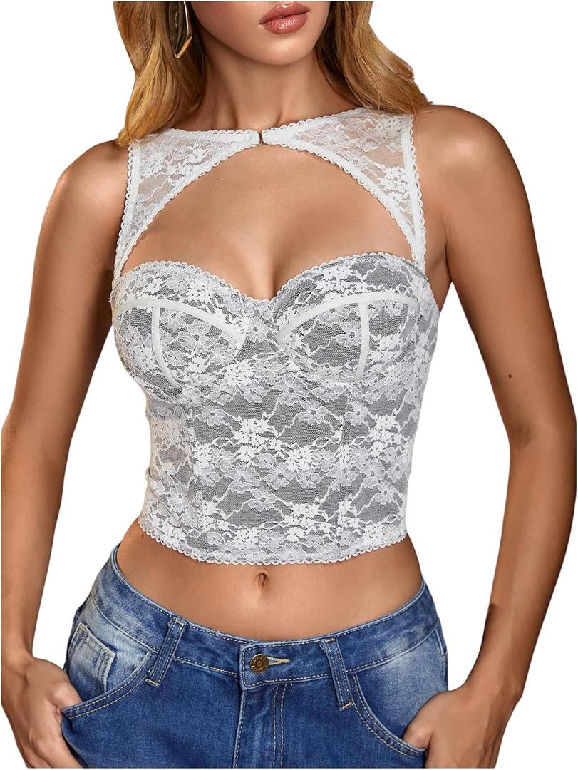 WDIRARA Women's Cut Out Lace Crop Bustier Corset Tank Top Sexy Going Out Party Club Tops (White & Black) Small