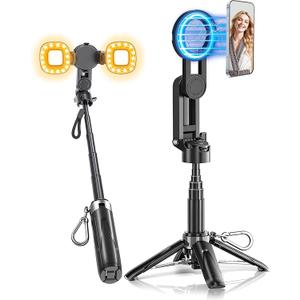 Magnetic Selfie Stick Tripod for iPhone with Light, 4 in 1 Portable Pocket Size Phone Tripod Stand for Magsafe with Remote,Removable Phone Clip for iPhone/Android for Vlogging,Photograph,Video