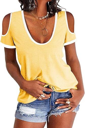 Dellytop Women's Cold Shoulder Top Casual Scoop Neck Short Sleeve T-Shirt (Medium, Yellow)