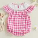 7 x Gueuusu Newborn Baby Girl Easter Outfit Bunny Embroidery Smocked Bubble Romper Short Sleeve One Piece Bodysuit Infant Clothes (2-3T, Plaid)