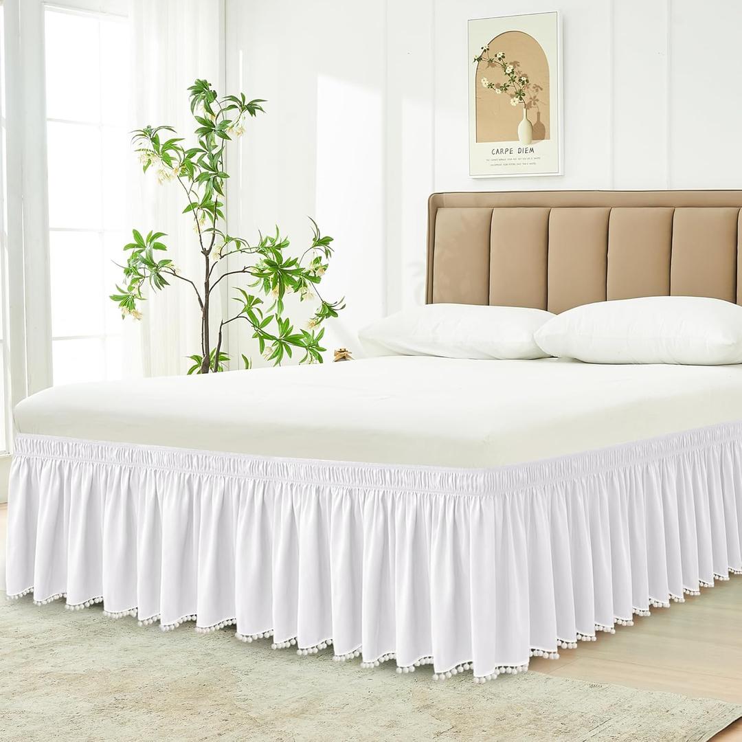 Biscaynebay Wrap Around Bed Skirts with Pompom for King Beds 15" Drop, White Adjustable Elastic Dust Ruffles Easy Fit Wrinkle & Fade Resistant Silky Luxurious Fabric Machine Washable
