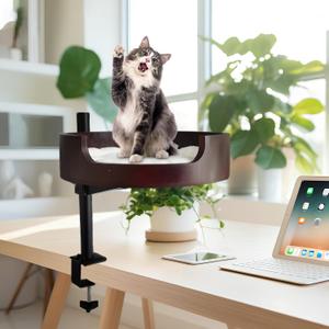 Cat Desk Bed- Adjustable Wooden Cat Bed for Home Office and Study Rooms, Desktop Kitten Furniture Attachment with Pet Mat, Ball, Mouse (Large)