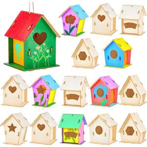 Juexica 15 Pcs 4" Wooden Birdhouses, Unfinished Wood Bird Houses Kits Arts and Spring Crafts Kids Wooden Bird Houses Bulk for Children to Build and Paint DIY Craft (Modern)
