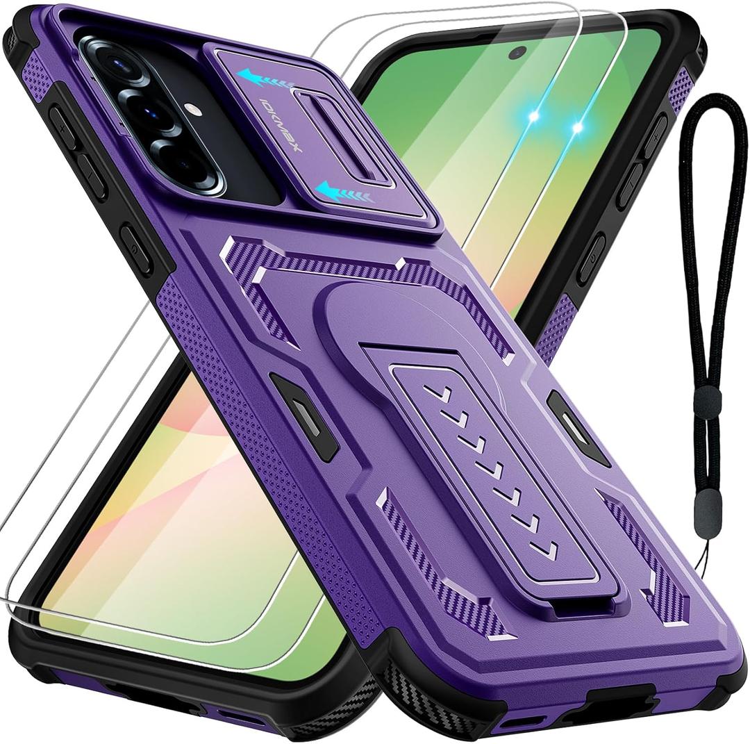 for Samsung Galaxy A36 5G/A56 5G Case with 2 Pack Screen Protector, Upgrade Slide Camera Cover & Kickstand, Lanyard Strap, Military Grade Shockproof Heavy Duty Robust Bumper Phone Case, Purple