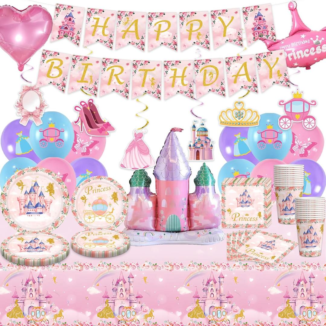 Princess Birthday Party Decorations Princess Plates and Napkins Party Supplies - Happy Birthday Banner, Castle Crown Foil Balloons, Disposable Tablecloth, Cups Sets for Girls Women, Serve 16